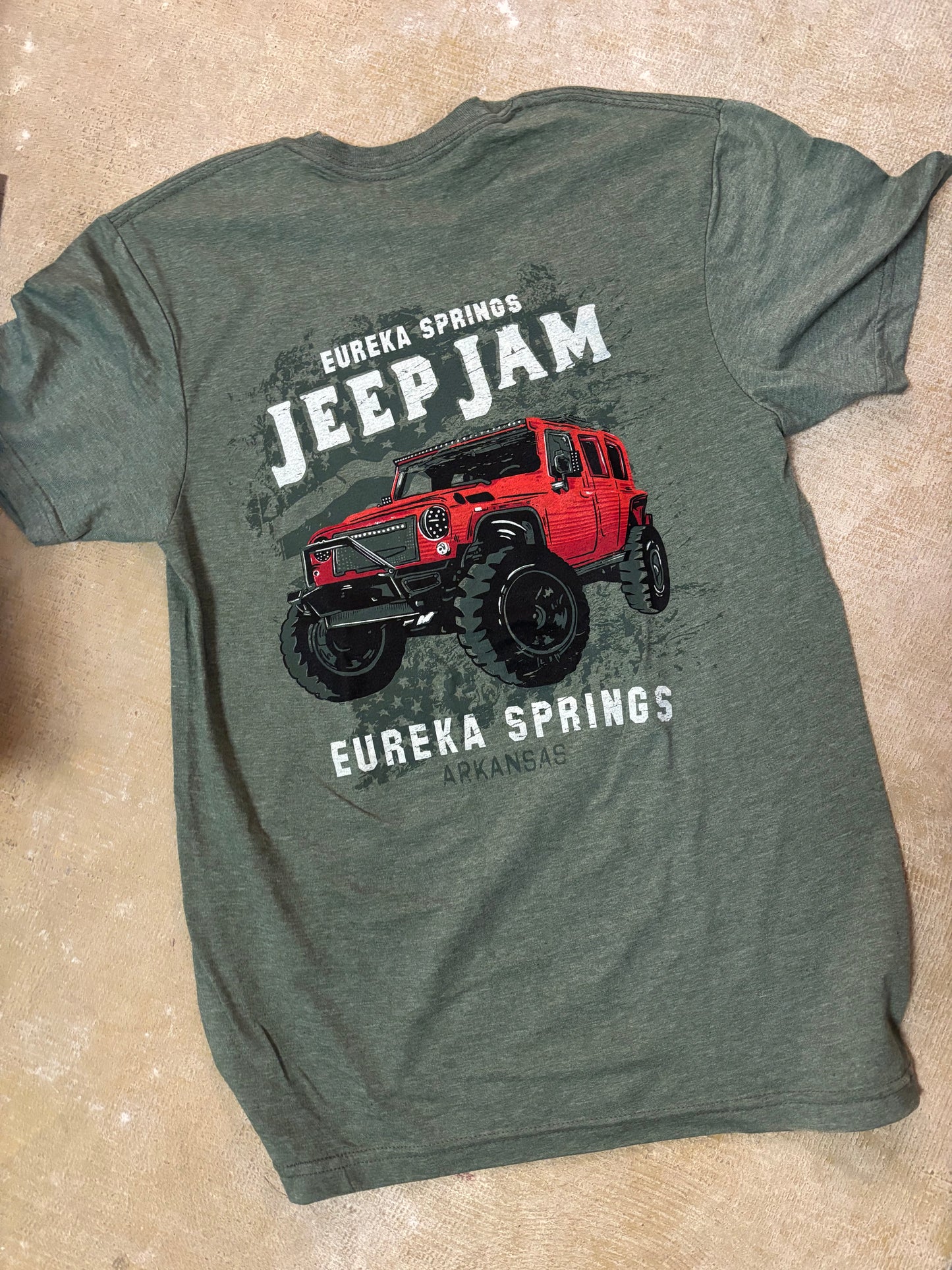 EUREKA JEEP JAM RED JEEP MILITARY GREEN TEE